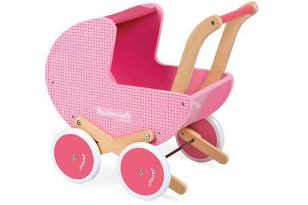 Prachtige roze houten poppenwagen van Janod.