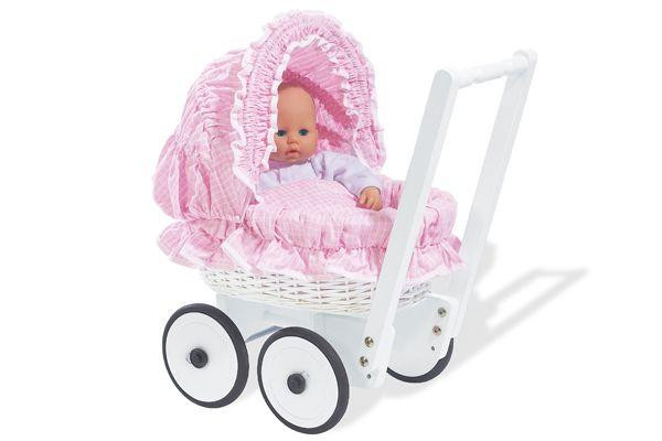 Houten poppenwagen Marion wit met roze.